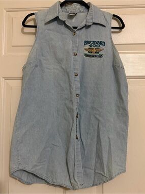 Vintage 1995 Midwest Embroidery Denim Sleeveless Top Brickyard 400 Racing Large